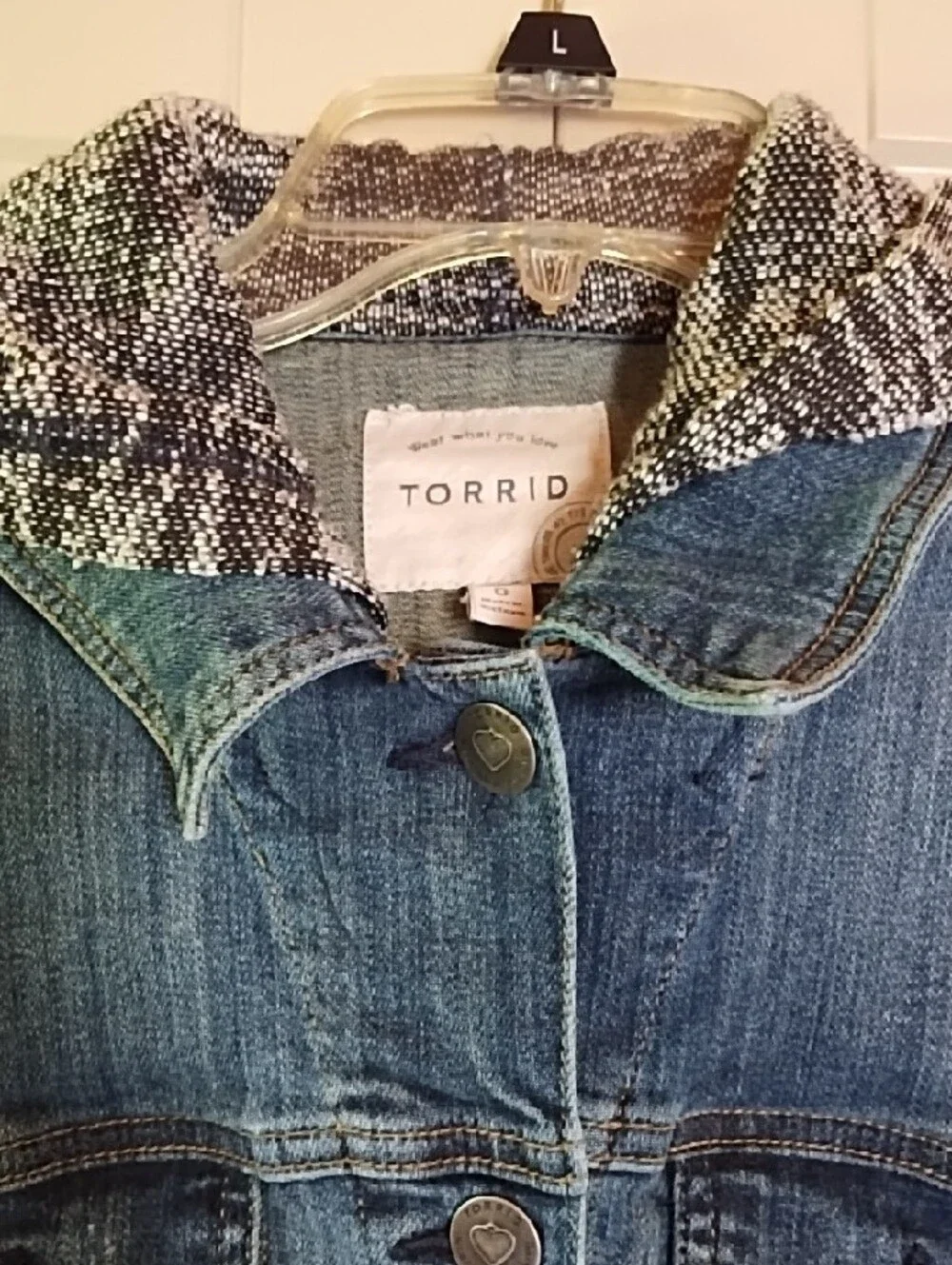 torrid Dark Blue Denim Jacket with Marled Gray Knit Hood & Sleeves - Picture 3 of 7